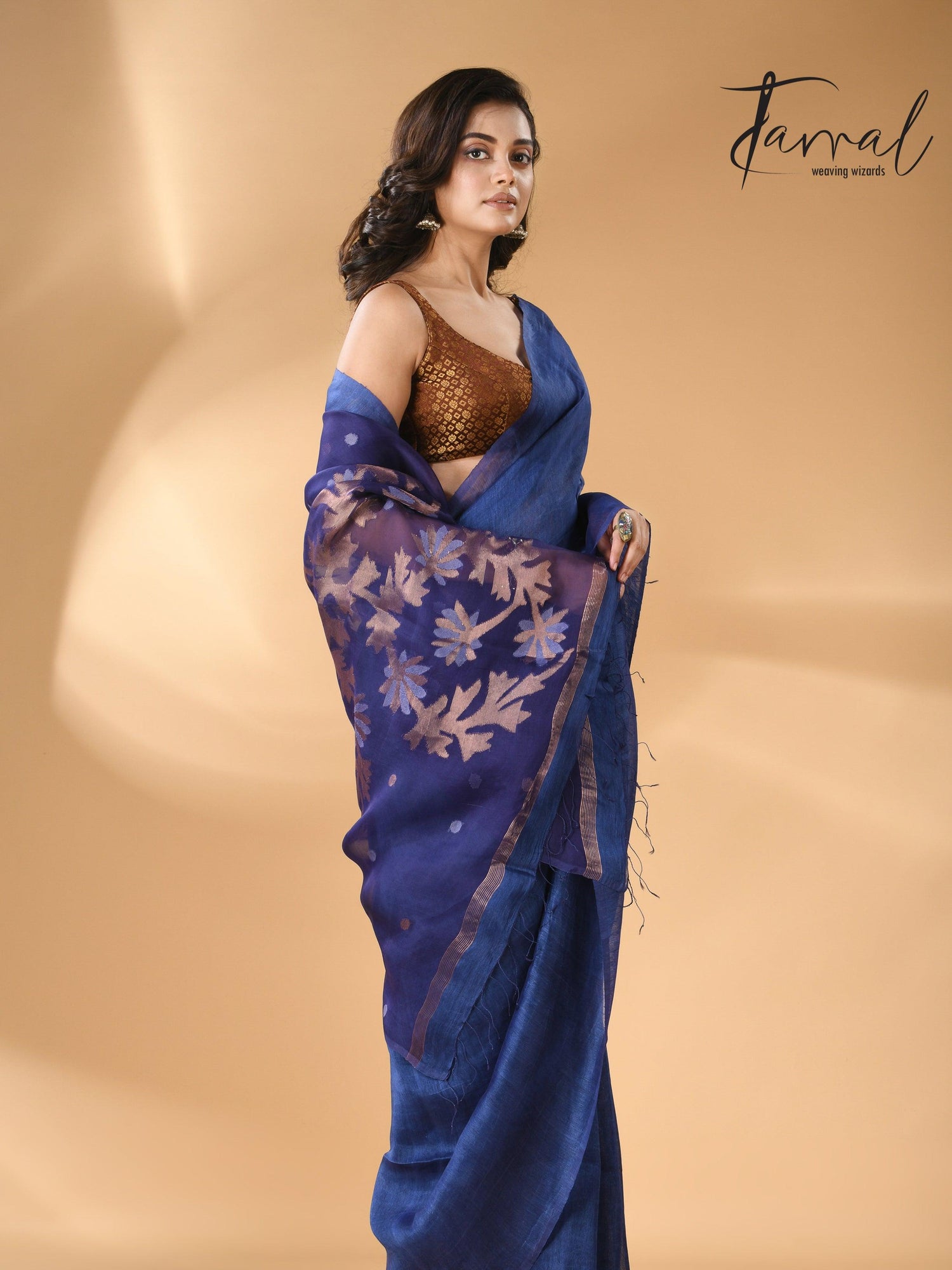 Blue self silk linen handwoven jamdani saree - Tamal Boutique