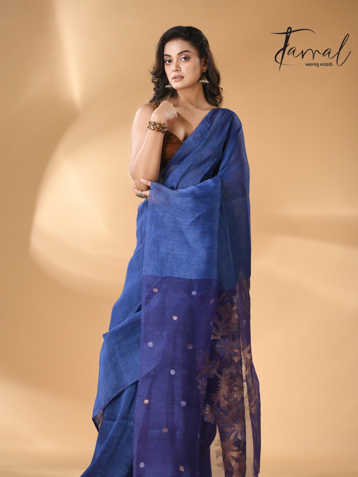 Blue self silk linen handwoven jamdani saree - Tamal Boutique