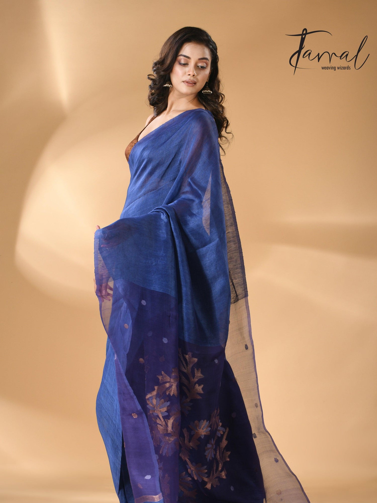 Blue self silk linen handwoven jamdani saree - Tamal Boutique