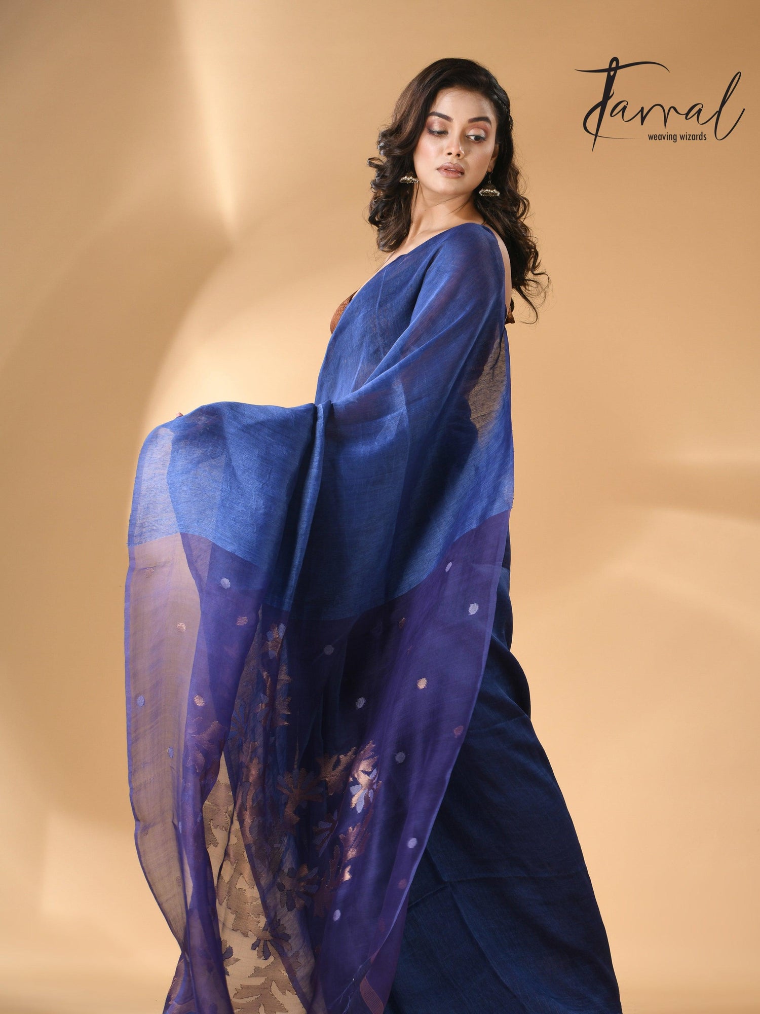 Blue self silk linen handwoven jamdani saree - Tamal Boutique