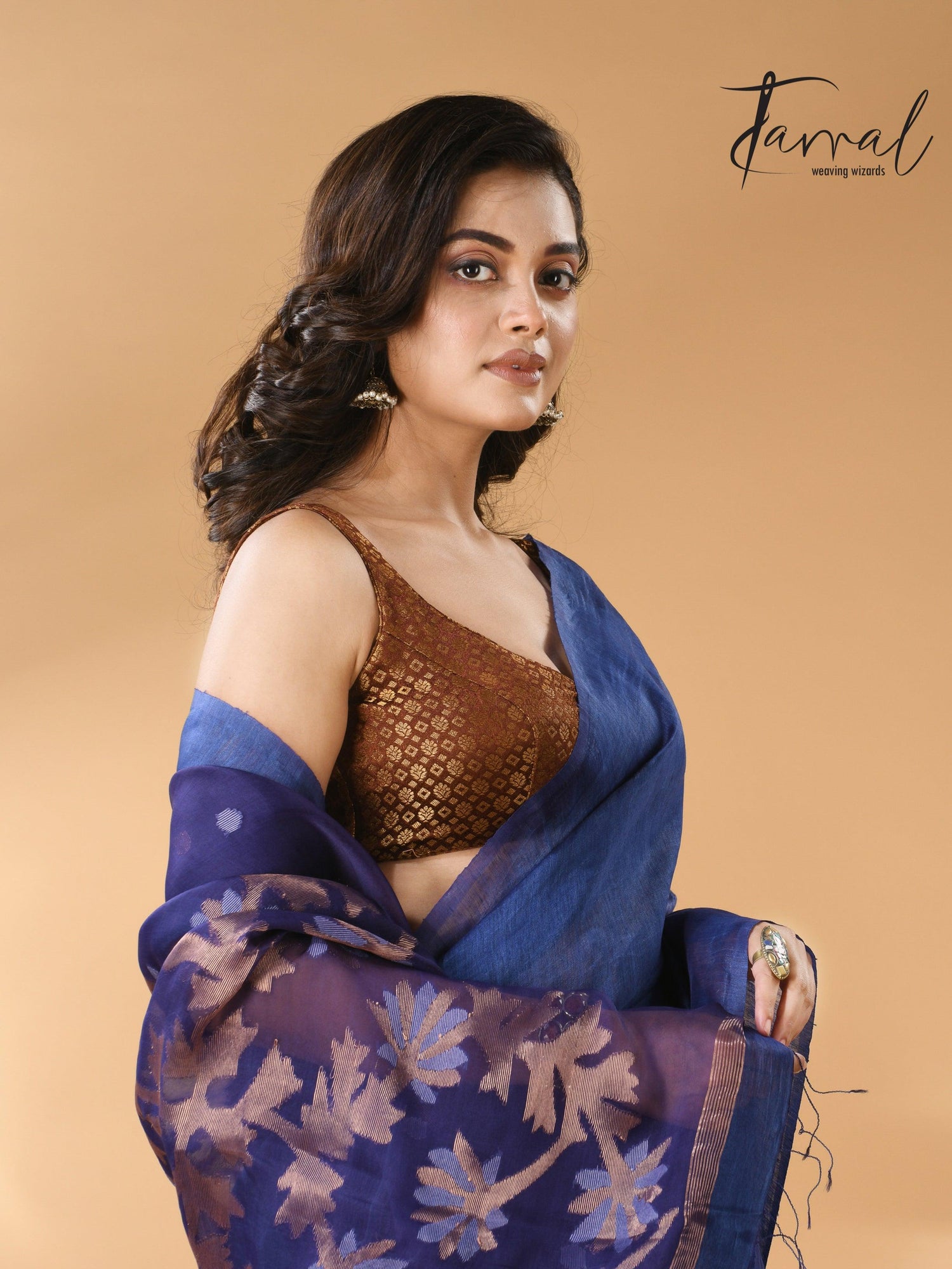 Blue self silk linen handwoven jamdani saree - Tamal Boutique