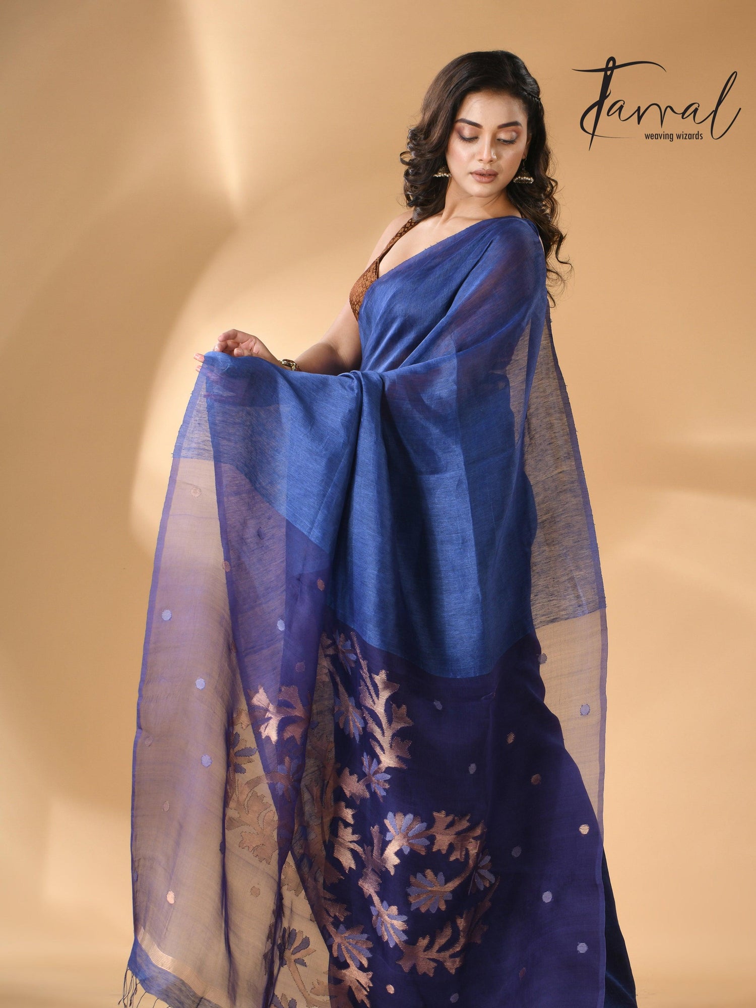 Blue self silk linen handwoven jamdani saree - Tamal Boutique