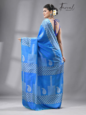 Blue Euphoria katan silk hand block printed saree - Tamal Boutique
