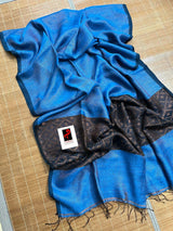 Blue colour zari linen pallu jamdani saree - Tamal Boutique
