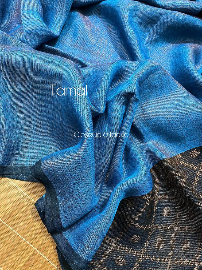 Blue colour zari linen pallu jamdani saree - Tamal Boutique