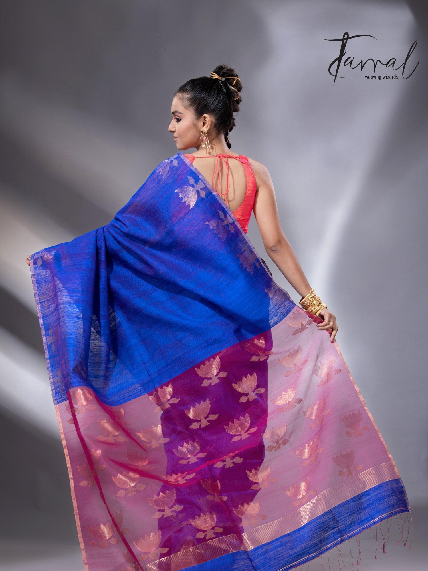 Blue with rani pallu golden lotus matka silk handwoven jamdani saree - Tamal Boutique