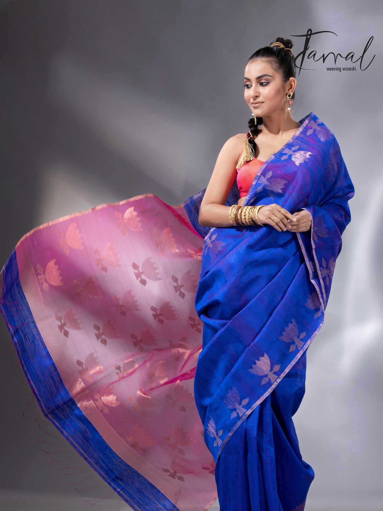 Blue with rani pallu golden lotus matka silk handwoven jamdani saree - Tamal Boutique