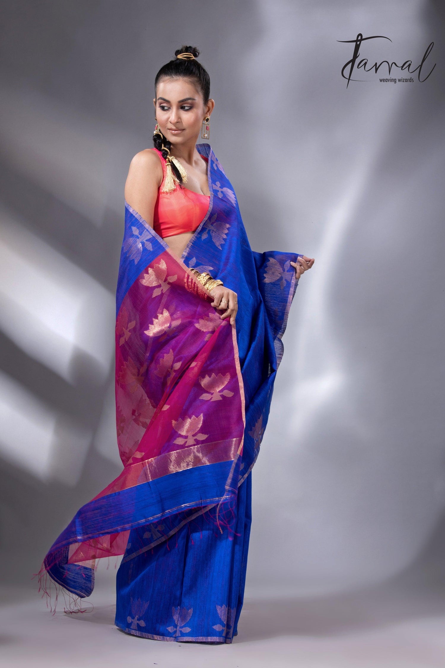 Blue with rani pallu golden lotus matka silk handwoven jamdani saree - Tamal Boutique