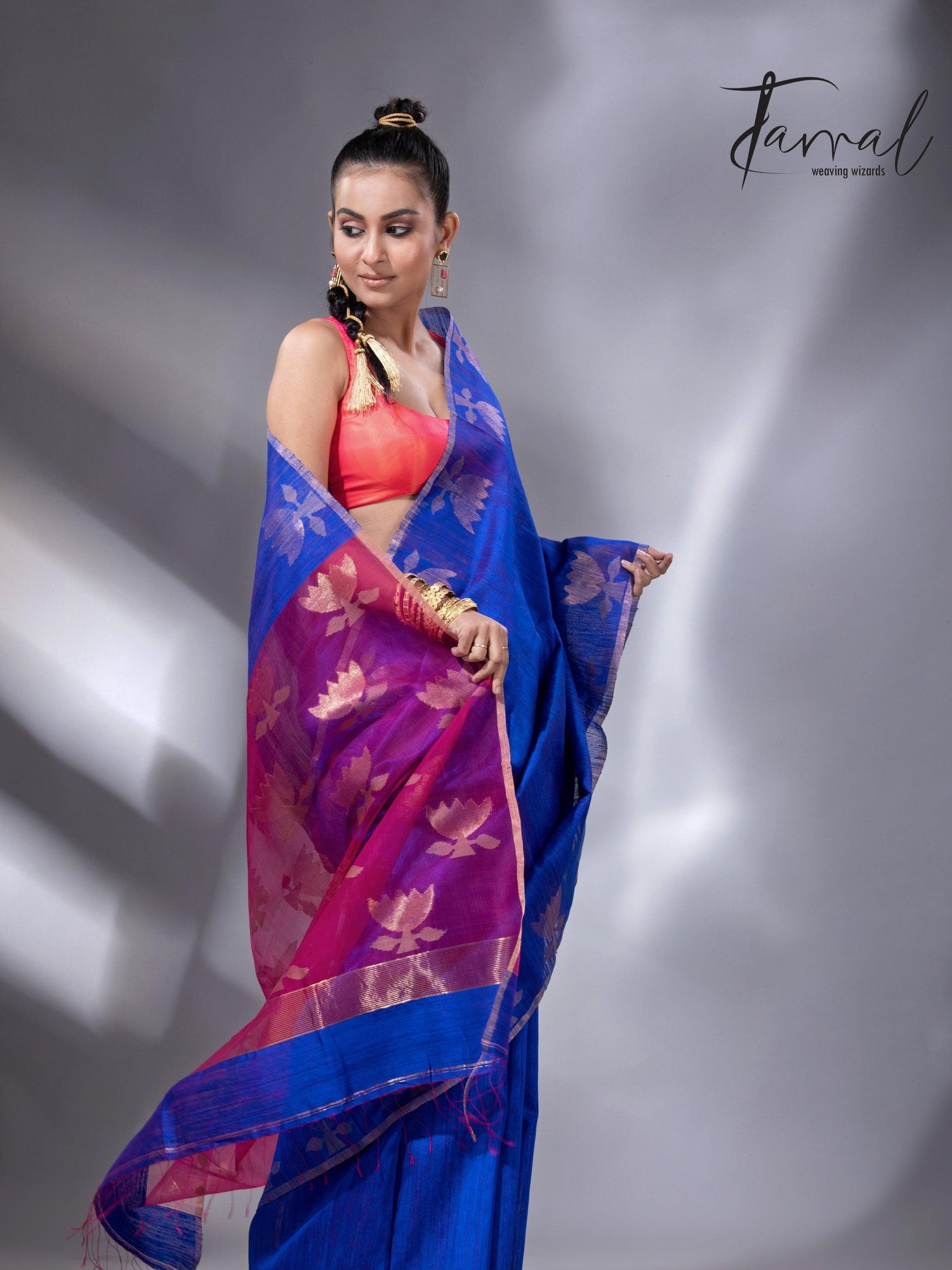 Blue with rani pallu golden lotus matka silk handwoven jamdani saree - Tamal Boutique