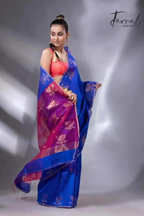 Blue with rani pallu golden lotus matka silk handwoven jamdani saree - Tamal Boutique
