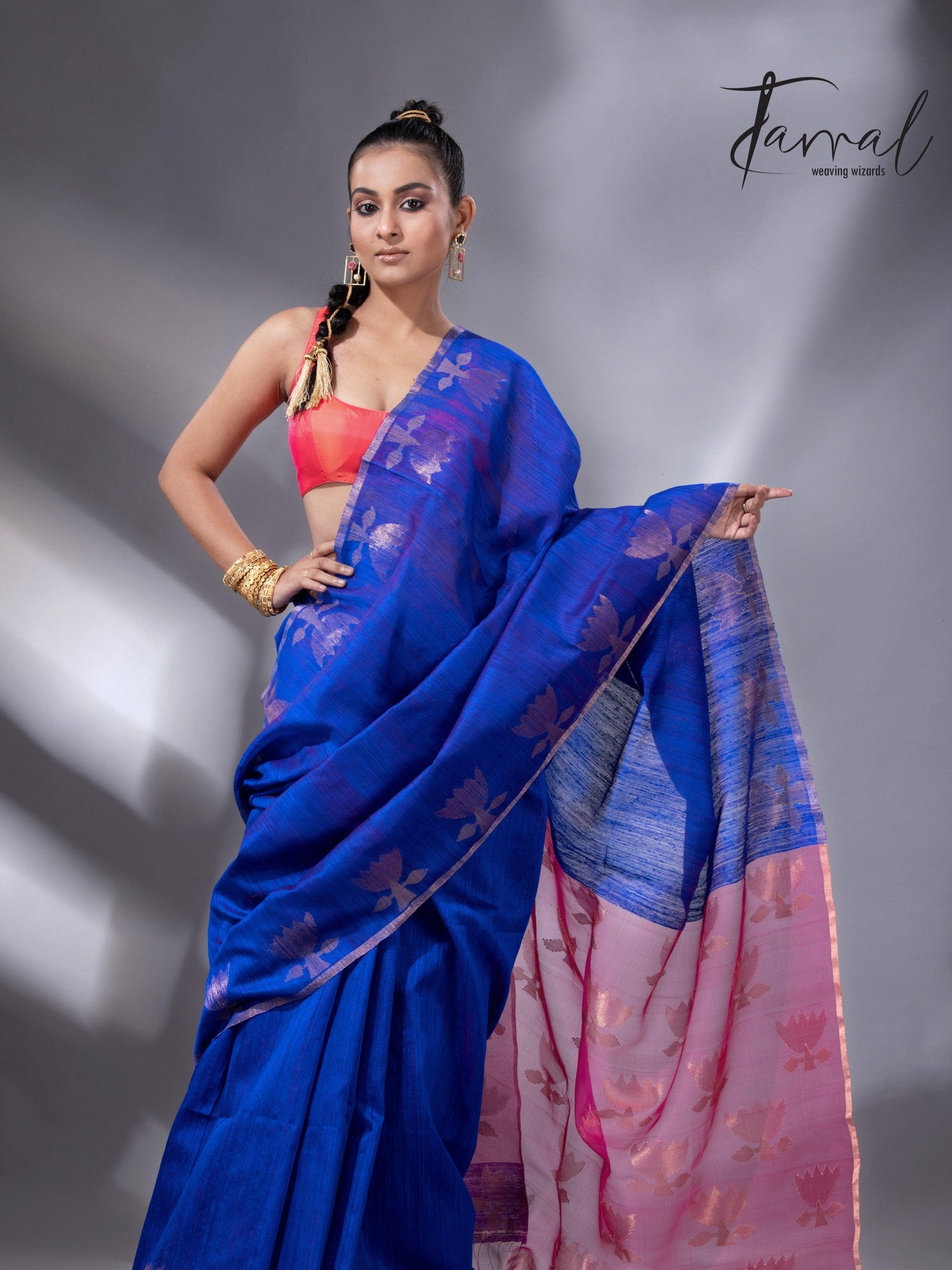 Blue with rani pallu golden lotus matka silk handwoven jamdani saree - Tamal Boutique