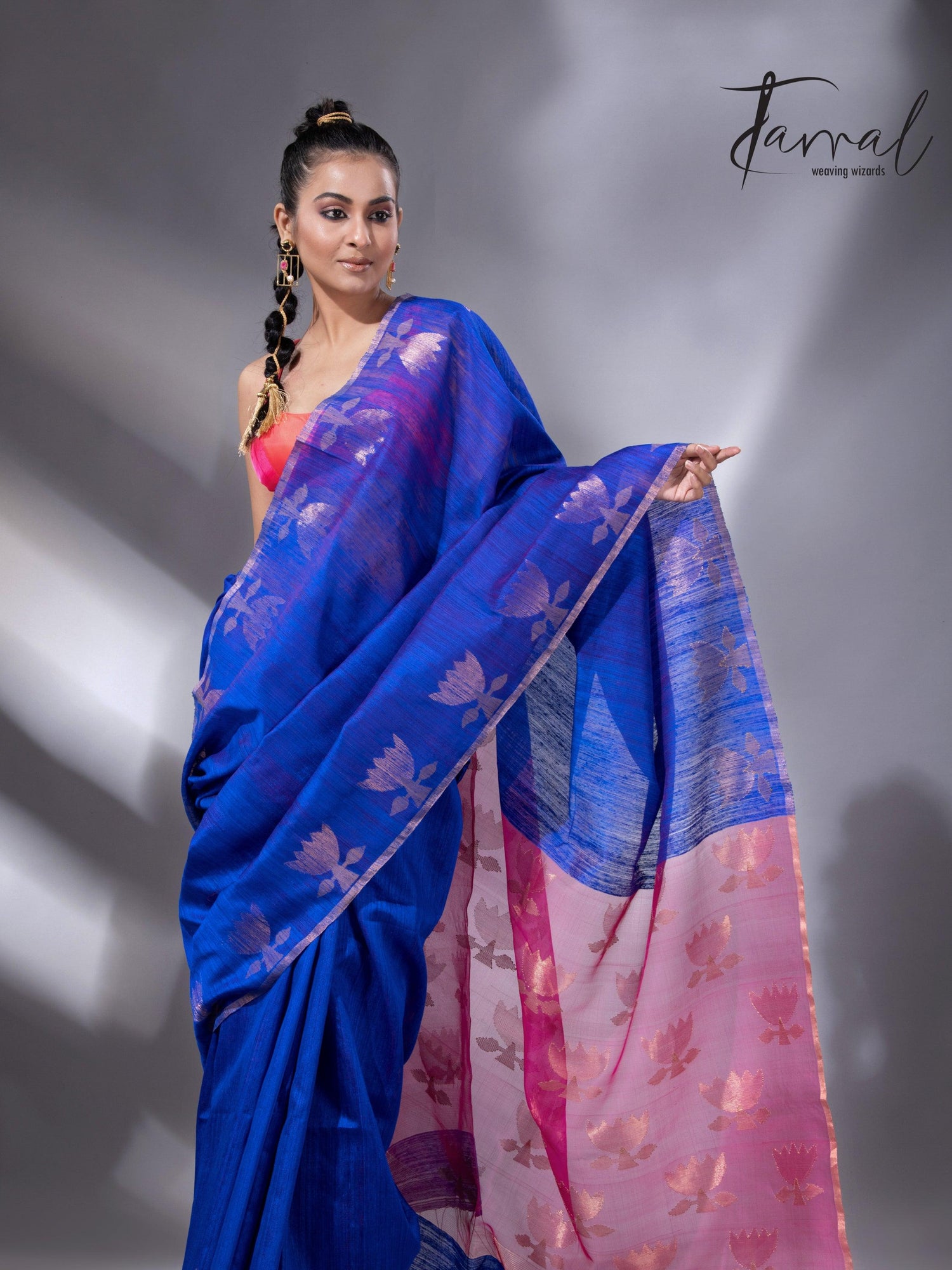 Blue with rani pallu golden lotus matka silk handwoven jamdani saree - Tamal Boutique