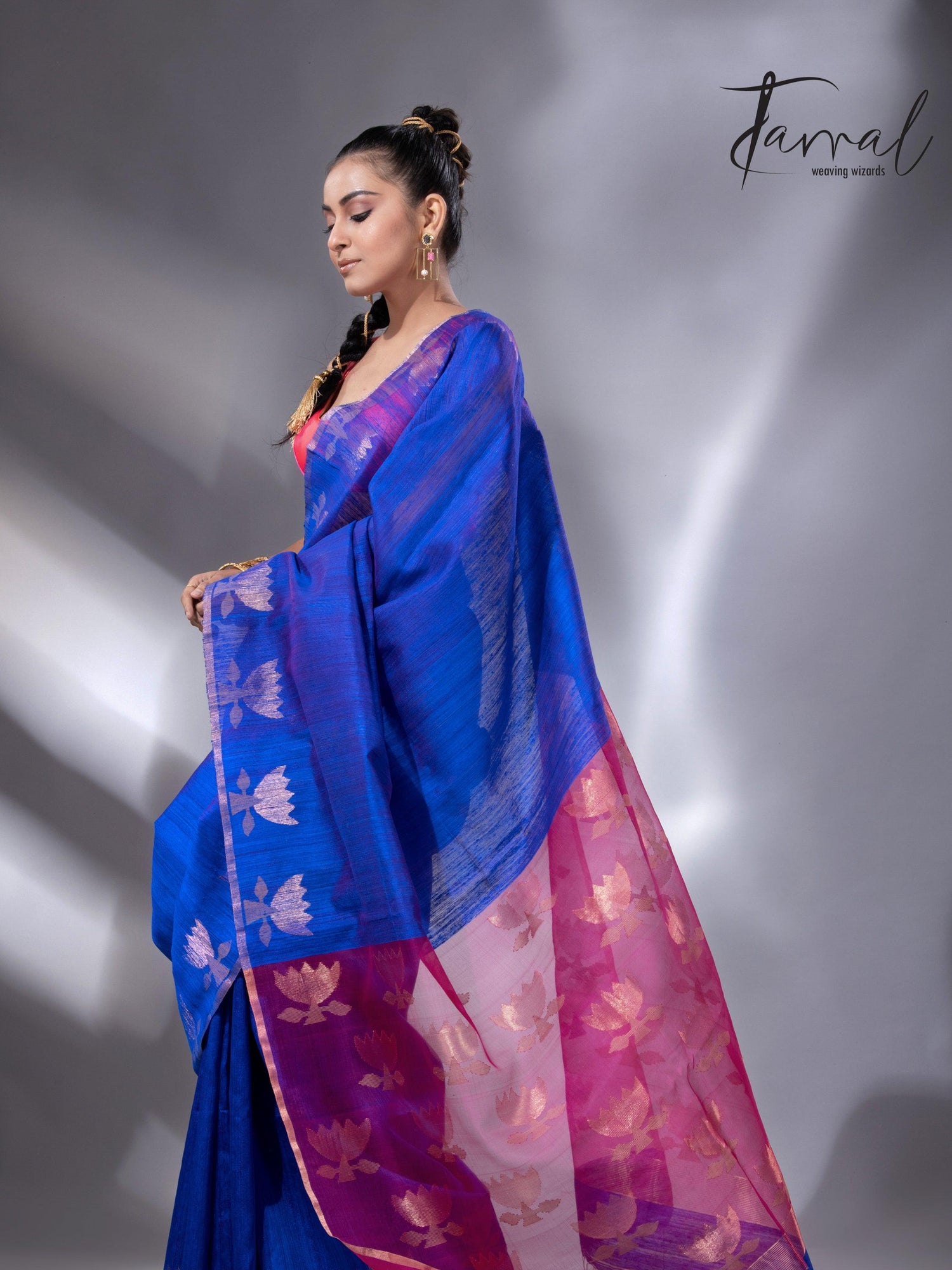 Blue with rani pallu golden lotus matka silk handwoven jamdani saree - Tamal Boutique