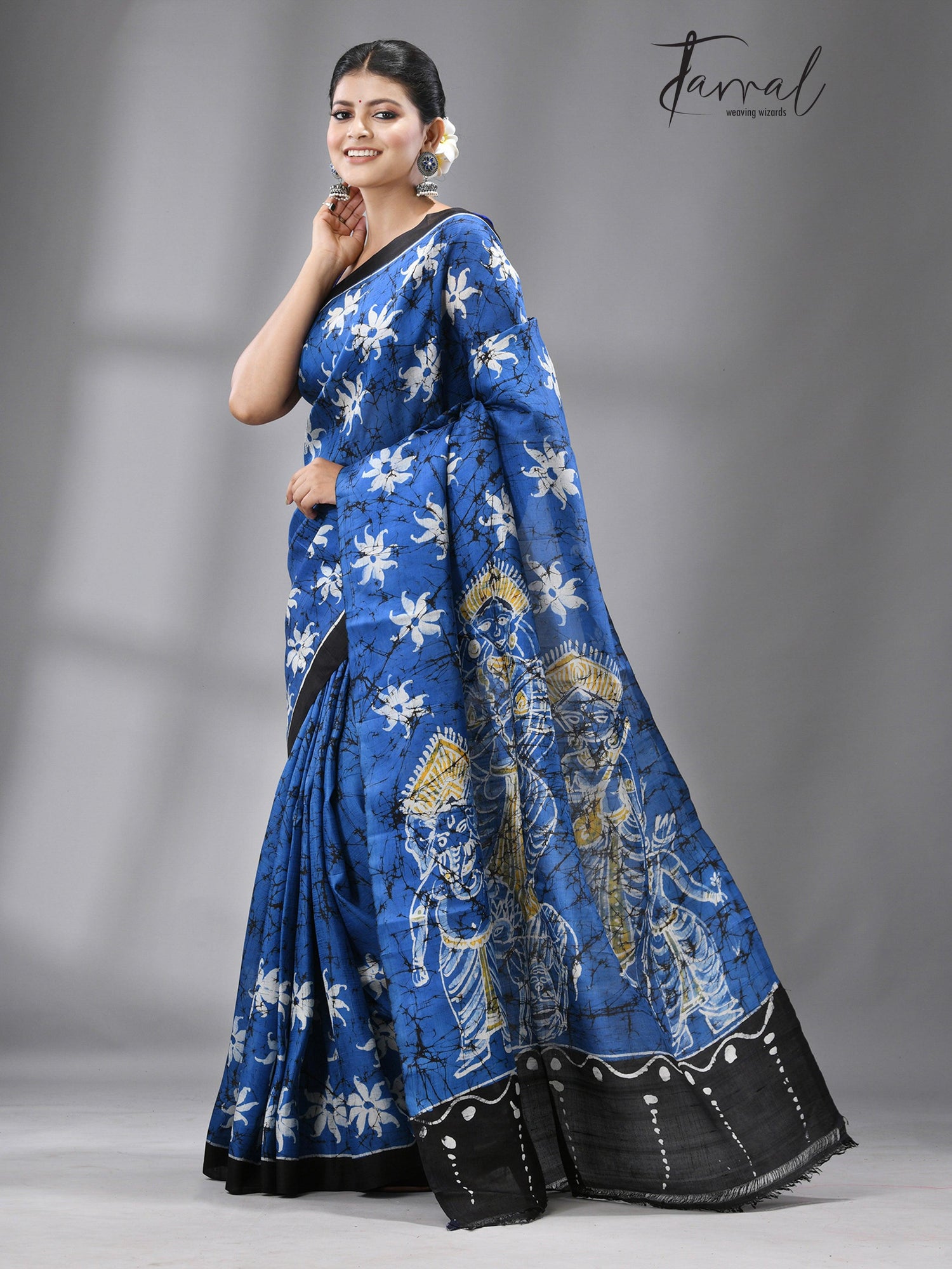 Blue with black border and idol of durga wax batik silk saree