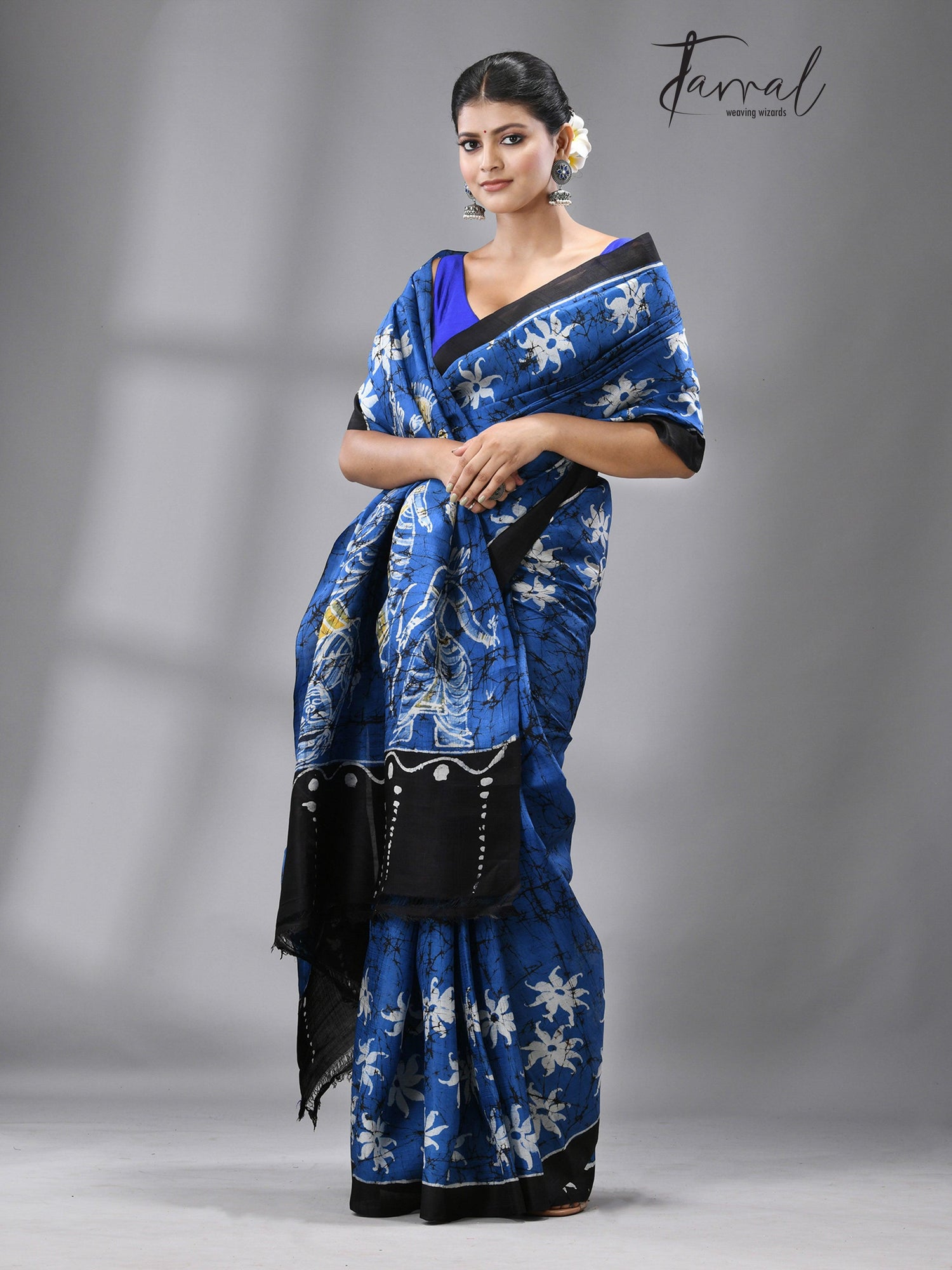 Blue with black border and idol of durga wax batik silk saree