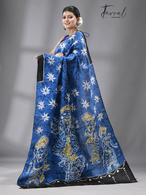 Blue with black border and idol of durga wax batik silk saree