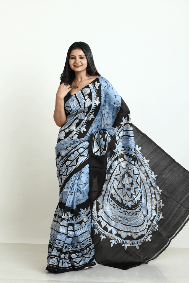 Blue with black batik in katan silk saree - Tamal Boutique