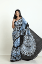 Blue with black batik in katan silk saree - Tamal Boutique