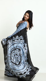 Blue with black batik in katan silk saree - Tamal Boutique