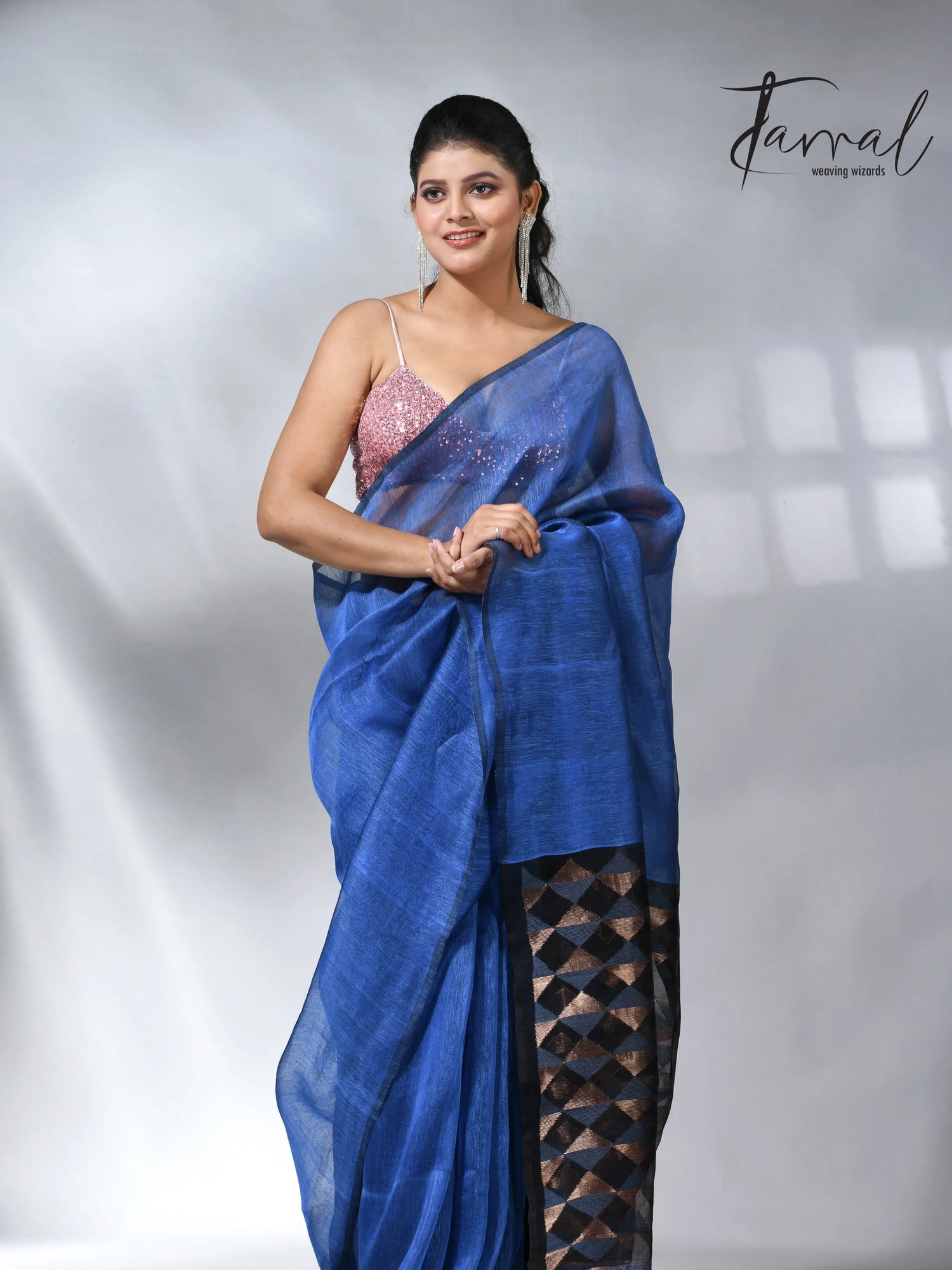 Blue with diamond in pall silk linen handwoven jamdani saree