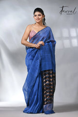Blue with diamond in pall silk linen handwoven jamdani saree