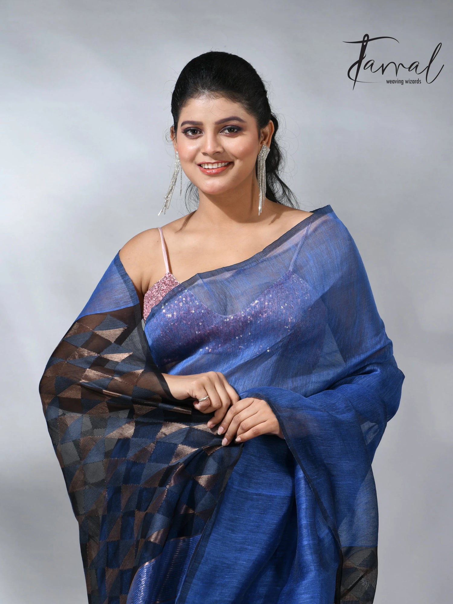 Blue with diamond in pall silk linen handwoven jamdani saree