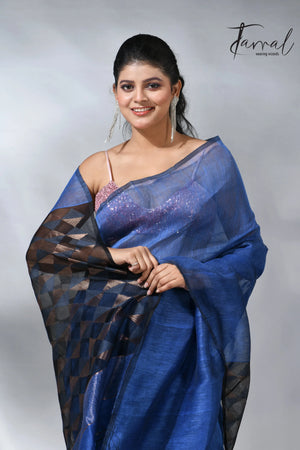 Blue with diamond in pall silk linen handwoven jamdani saree