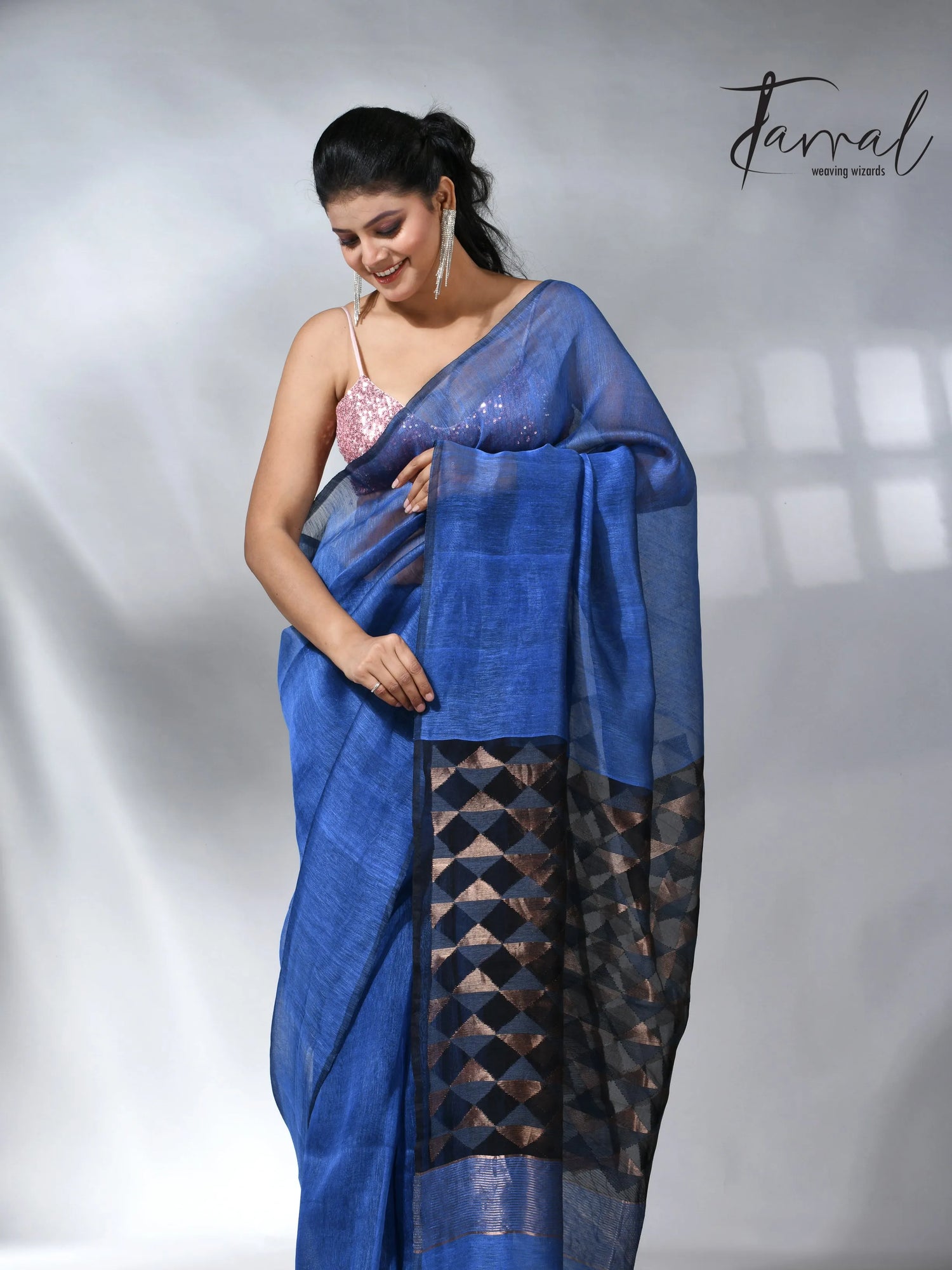Blue with diamond in pall silk linen handwoven jamdani saree