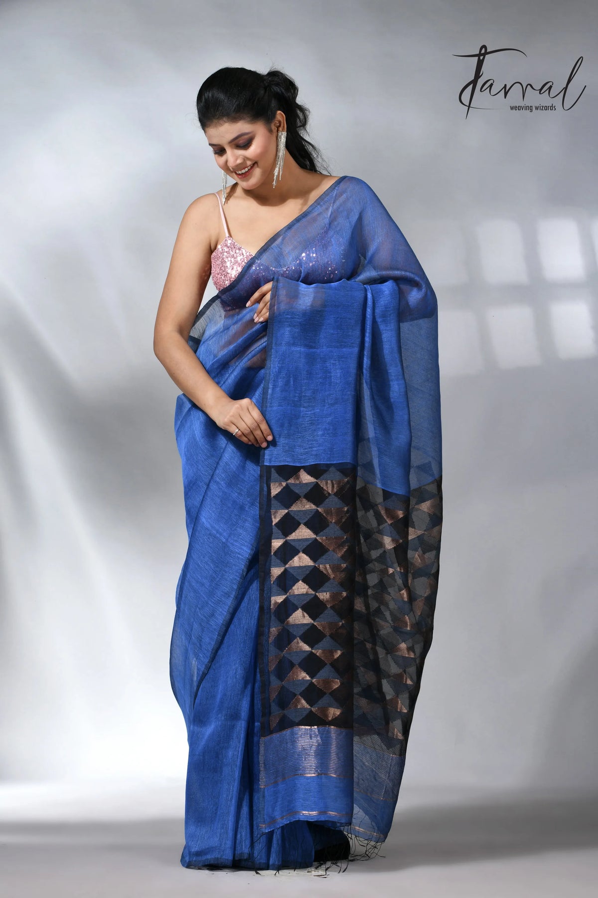 Blue with diamond in pall silk linen handwoven jamdani saree