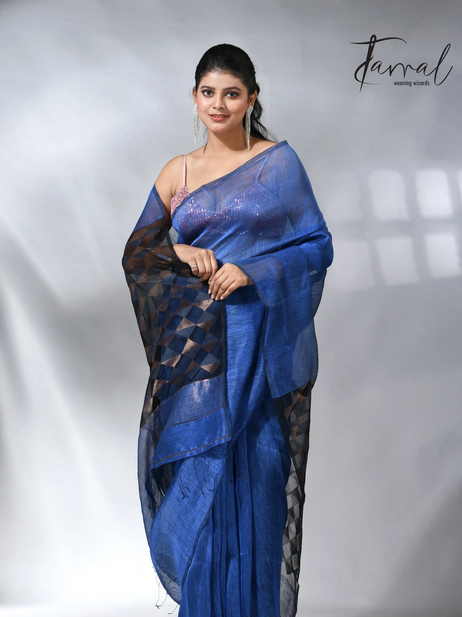Blue with diamond in pall silk linen handwoven jamdani saree