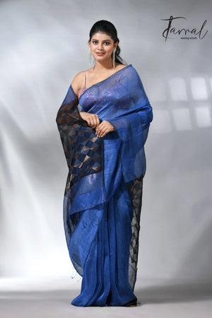 Blue with diamond in pall silk linen handwoven jamdani saree