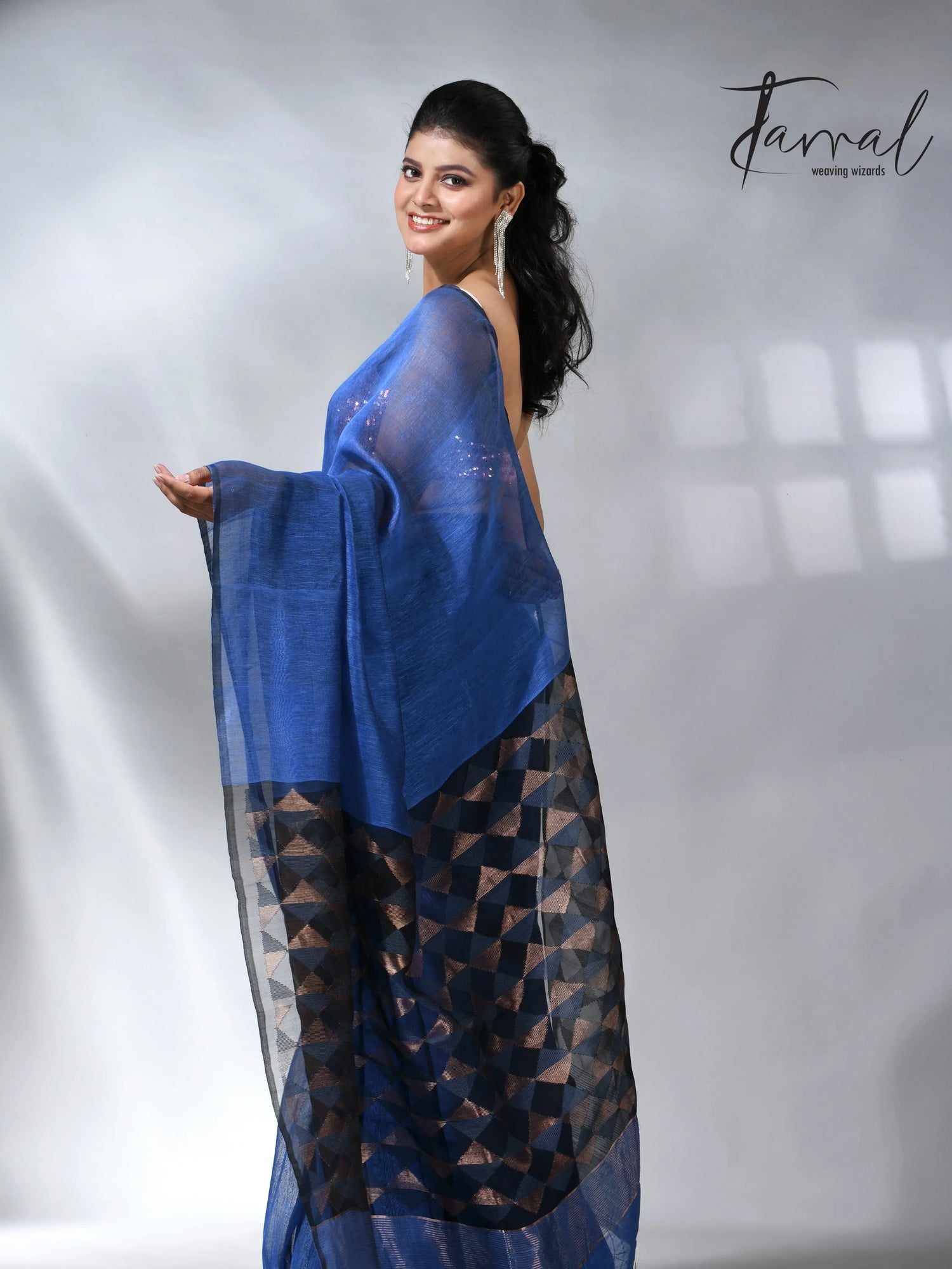 Blue with diamond in pall silk linen handwoven jamdani saree