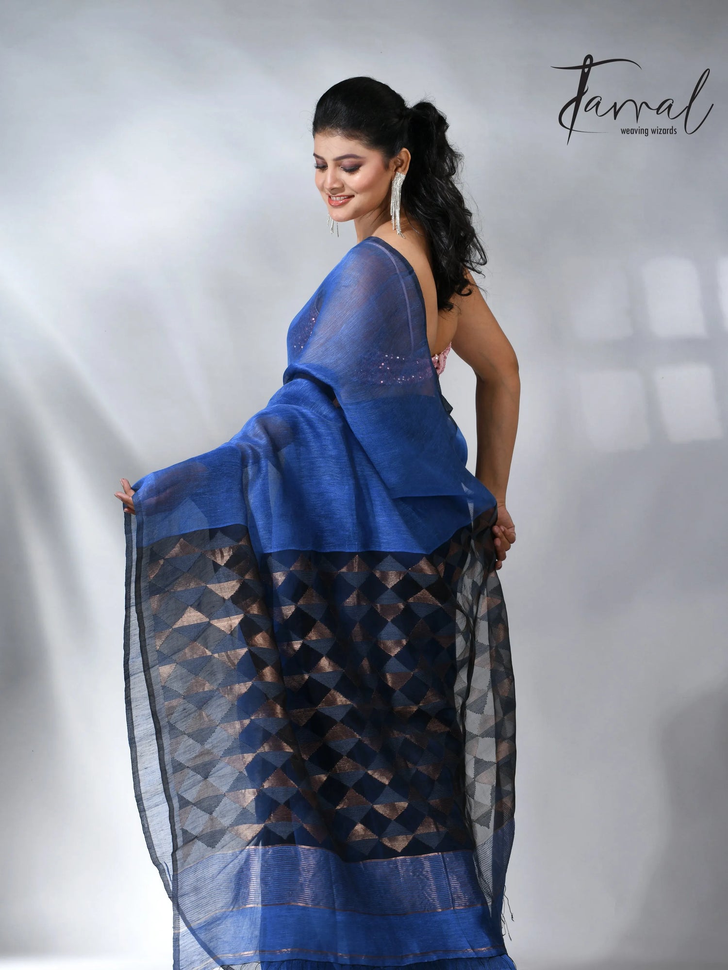 Blue with diamond in pall silk linen handwoven jamdani saree