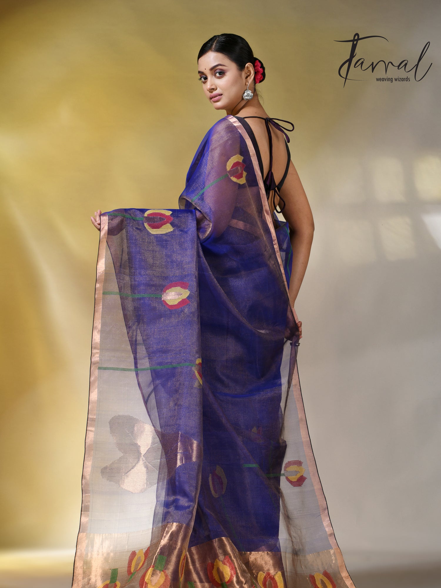 Blue with golden tissue muslin lotus handwoven jamdani saree