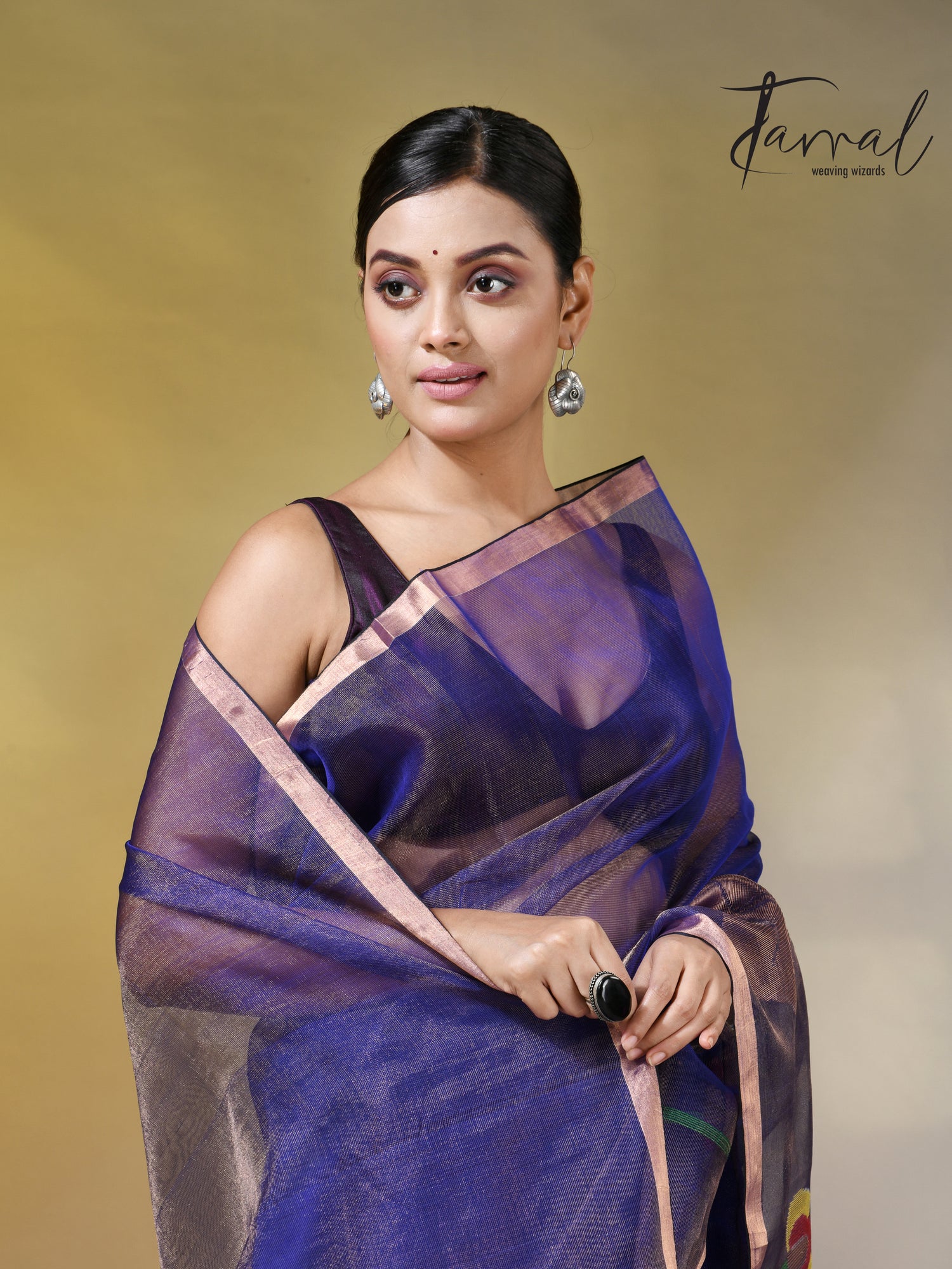 Blue with golden tissue muslin lotus handwoven jamdani saree