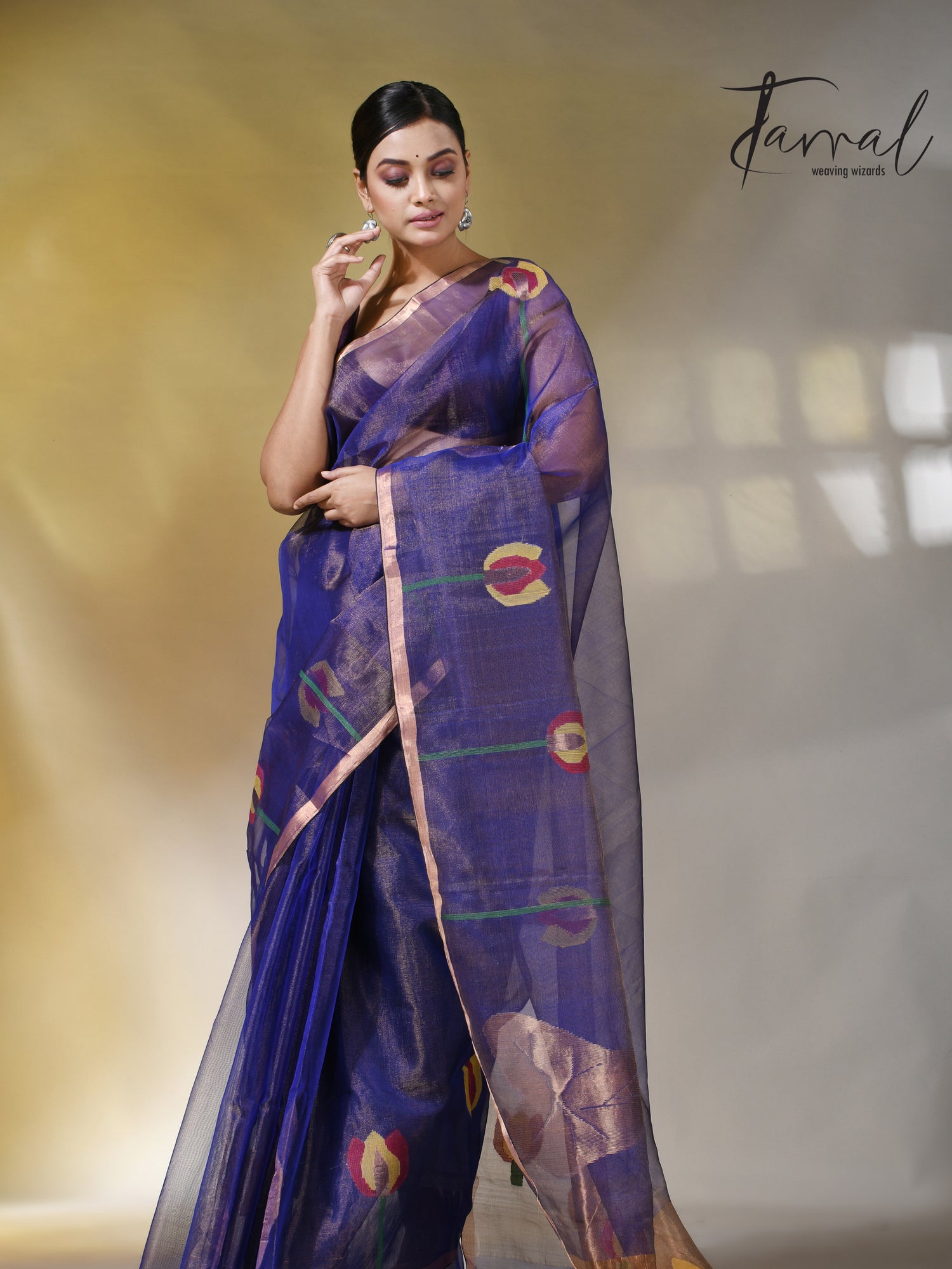 Blue with golden tissue muslin lotus handwoven jamdani saree