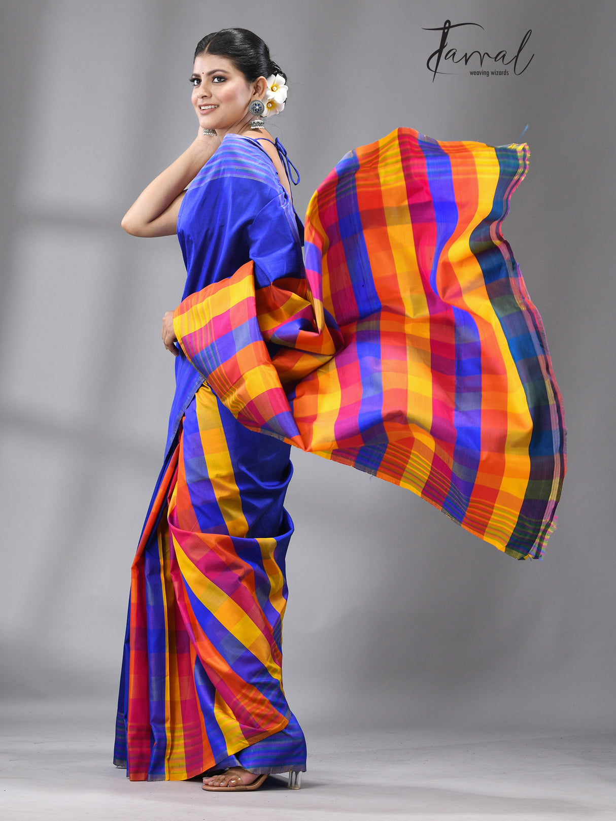 Blue with multicolor Bishnupuri handcrafted katan silk saree