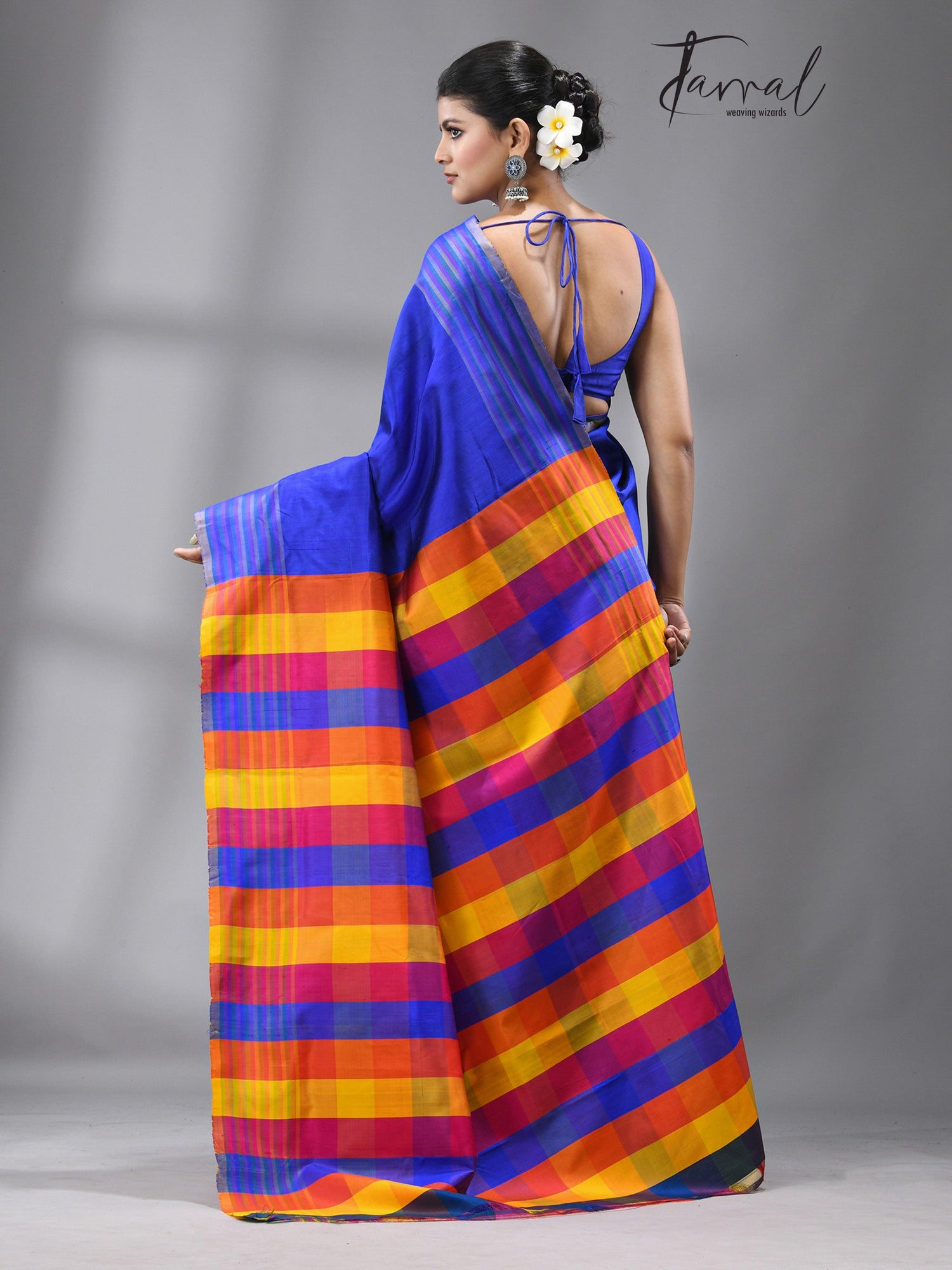 Blue with multicolor Bishnupuri handcrafted katan silk saree
