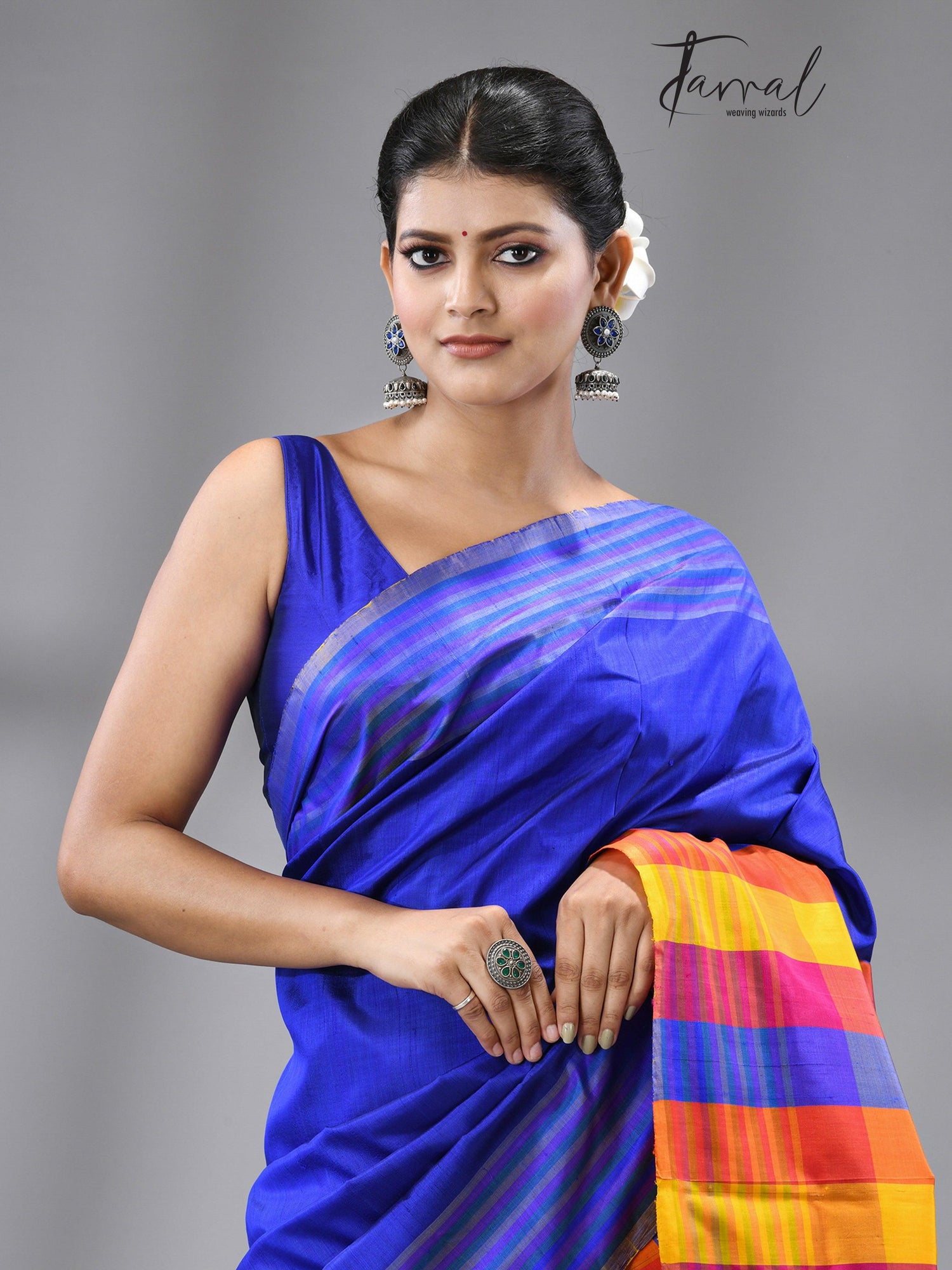 Blue with multicolor Bishnupuri handcrafted katan silk saree