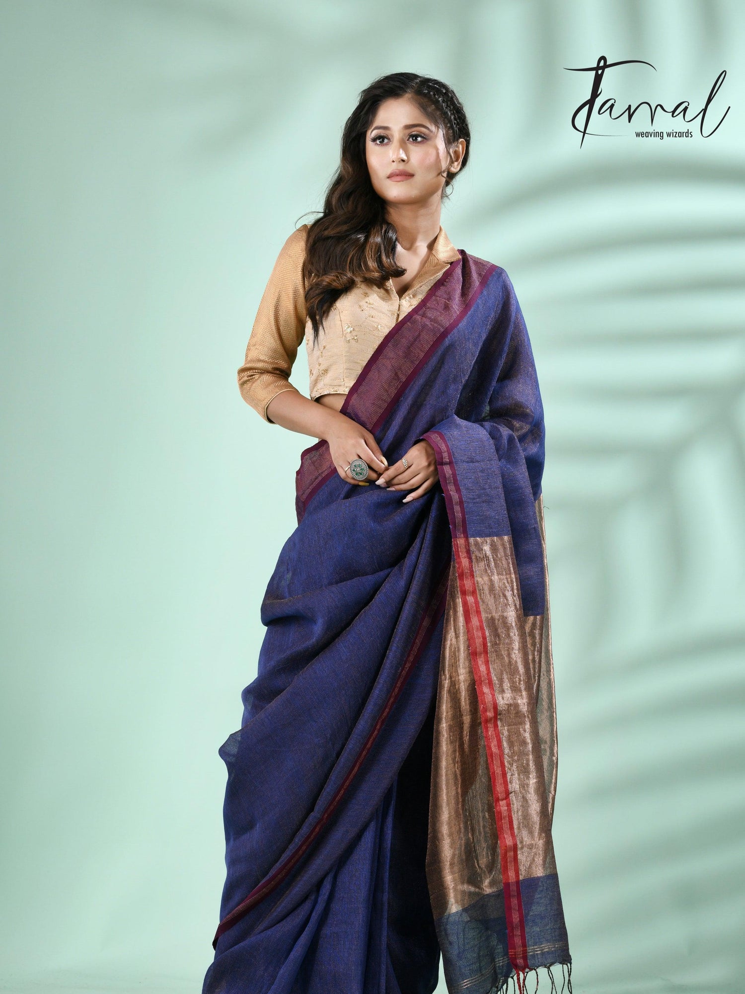 Blue with red border pure tissue linen handloom saree - Tamal Boutique