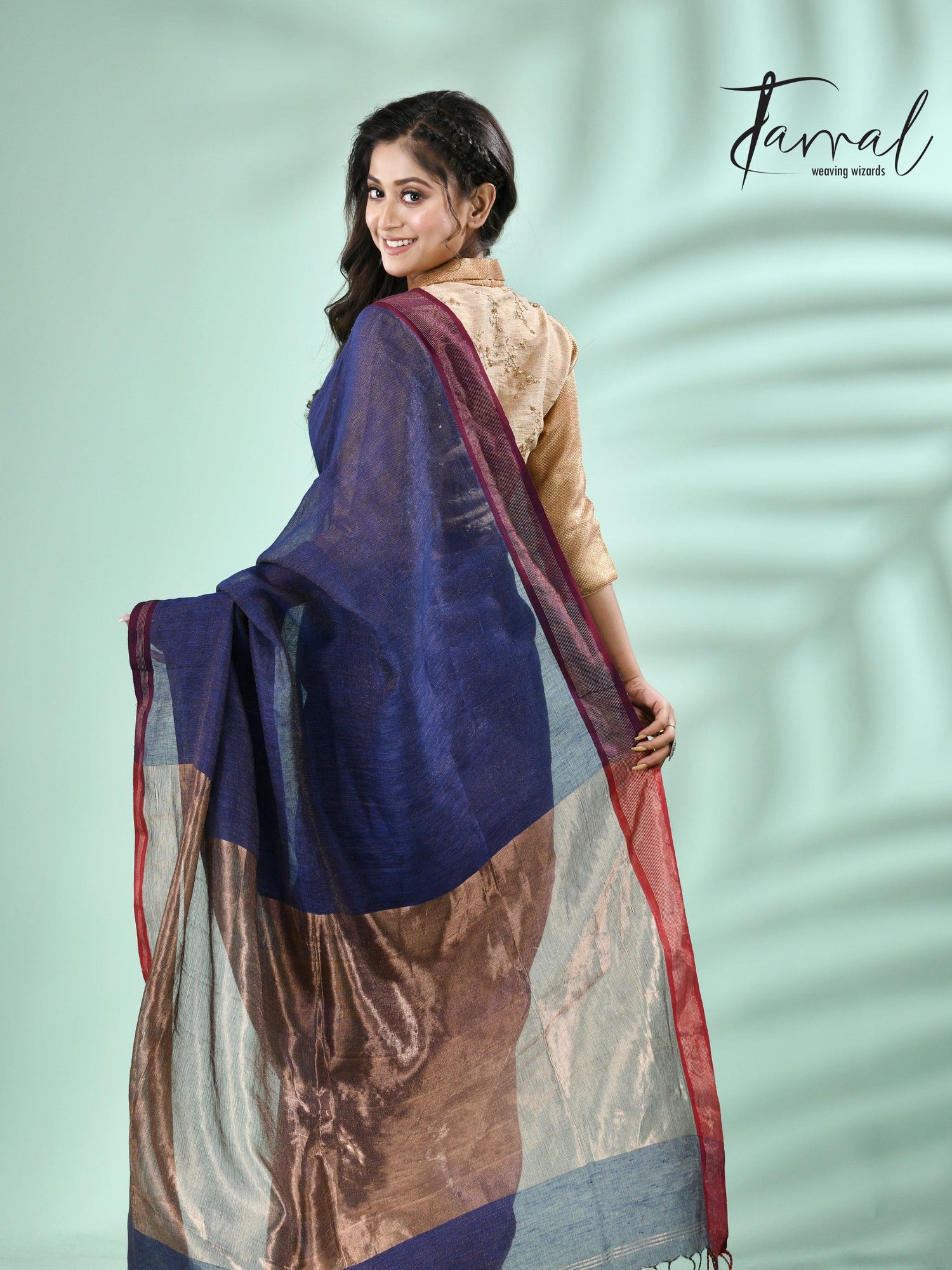 Blue with red border pure tissue linen handloom saree - Tamal Boutique