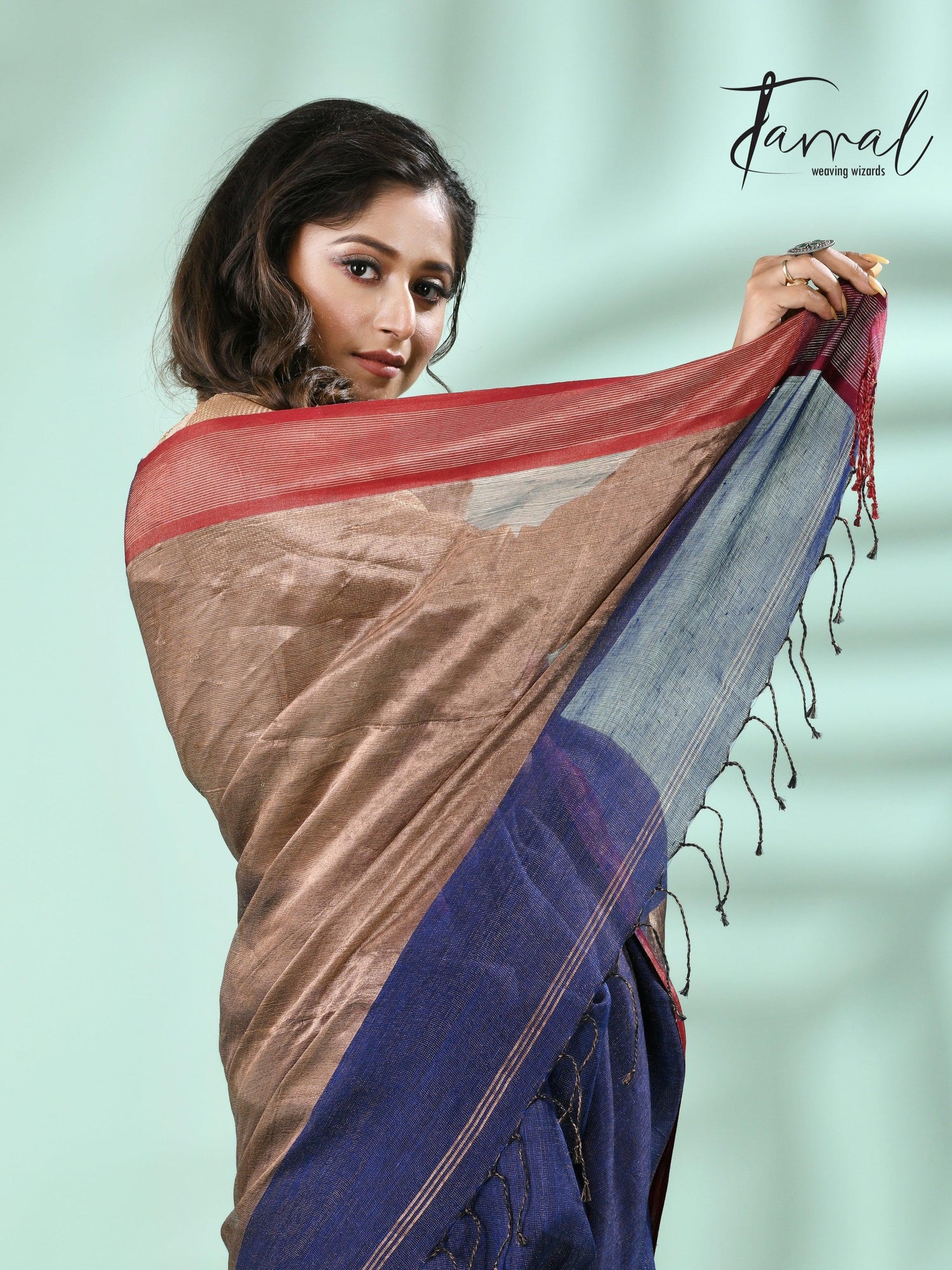 Blue with red border pure tissue linen handloom saree - Tamal Boutique