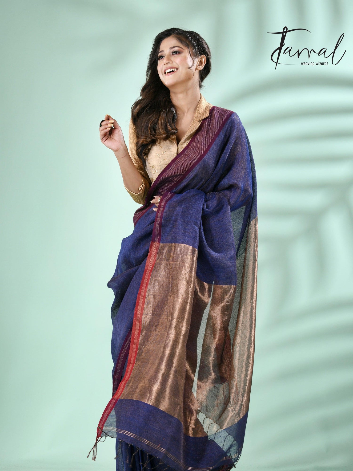 Blue with red border pure tissue linen handloom saree - Tamal Boutique