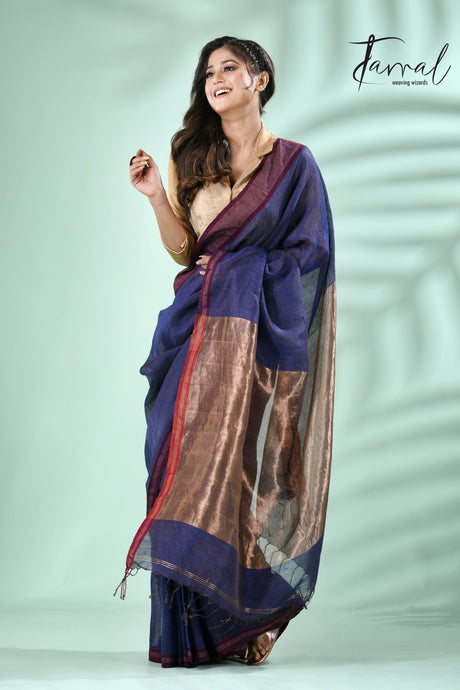Blue with red border pure tissue linen handloom saree - Tamal Boutique