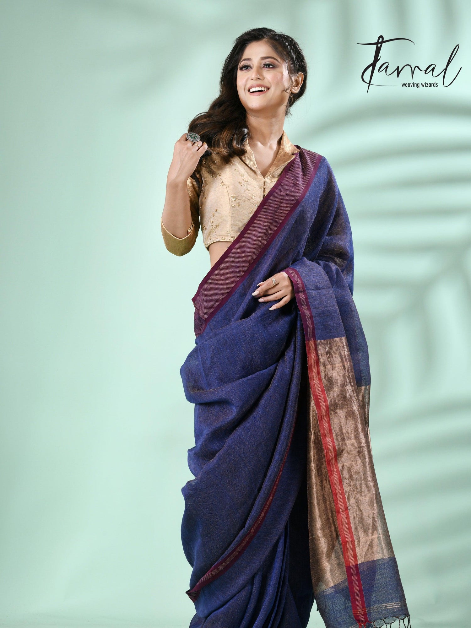 Blue with red border pure tissue linen handloom saree - Tamal Boutique