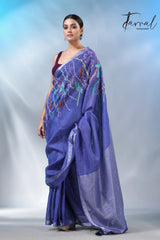 Blue with silver zari border pure linen hand embroidery saree