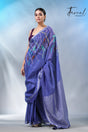 Blue with silver zari border pure linen hand embroidery saree