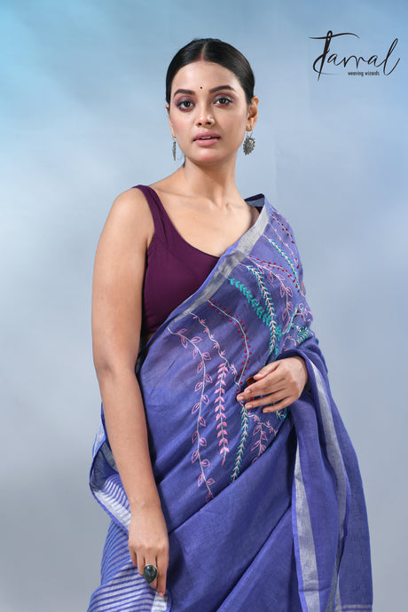 Blue with silver zari border pure linen hand embroidery saree