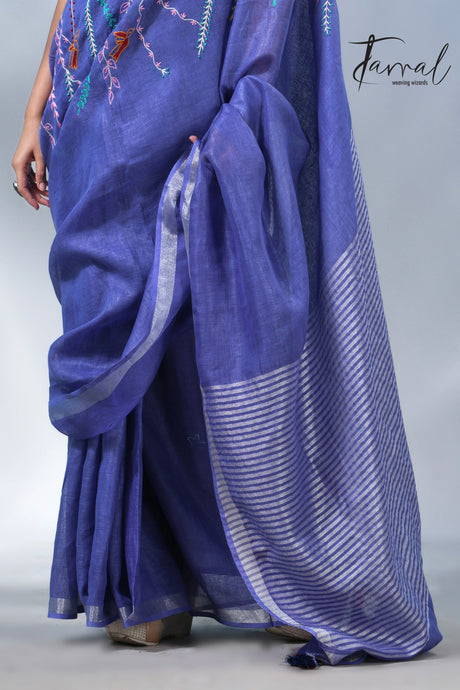 Blue with silver zari border pure linen hand embroidery saree