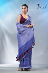 Blue with silver zari border pure linen hand embroidery saree